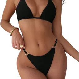 mon fashion collection Solid Women Bikini Black Swimsuit image 4