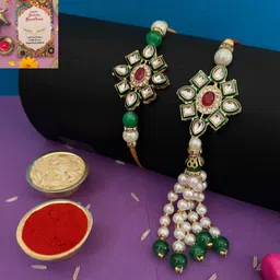 niozaki Bhaiya Bhabhi LUM-STON-TG Pearl, Kundan, Gold Finish, Mauli Thread Rakhi, Bracelet, Chawal Roli Pack Set-picture-11