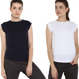 ap'pulse Pack of 2 Women Solid Round Neck Pure Cotton Dark Blue, White T-Shirt-picture-18