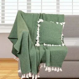 ambbi collections Green Solid Cotton 63x66 Inches Sofa Throw with Cushion Cover image 2