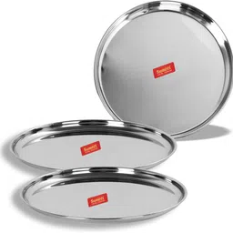 sumeet Stainless Steel Heavy Gauge Dinner Plates with Mirror Finish 22cm Dia - Set of 3pc Sectioned Plate-picture-0