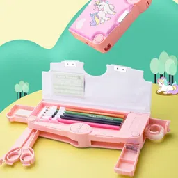 joy maker TRENDING FLIPKART RECOMMENDED HEAVY QUALITY MADE IDEAL FOR GIRLS STATIONERY MAGICAL UNICORN THEME MULTI LAYER MULTIPLE BUTTONS METAL COMPASS BOX Art Plastic Pencil Box image 3