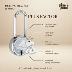 plus point 50mm Long Shackle Heavy Duty Padlock 6-Lever Double Locking Security Lock ,3 Key Padlock image 4
