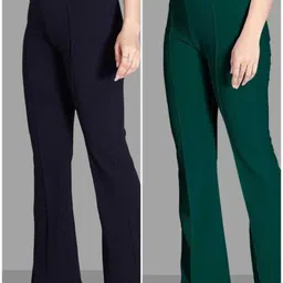purser Pack of 2 Women Flared Dark Blue, Green Lycra Blend Trousers-picture-21