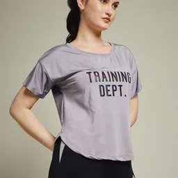 mkh Women Graphic Print Crew Neck Polyester Purple T-Shirt image 2