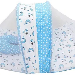 buli-wear Polyester Infants Washable Buli Wear Super Soft , Cotton Baby Mattress with Net - Bedding Set (0-6 Months ,Blue Dot) Mosquito Net image 2