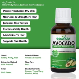 essancia Avocado Carrier Oil for Healthy Cuticles, Skin care, Body Massage, Anti Fungal and Anti Bacterial. 100% Pure, Natural, and Organic Cold Pressed Carrier Oil image 2