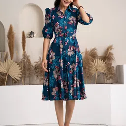 aask Women Fit and Flare Dark Blue Below Knee Dress-picture-18