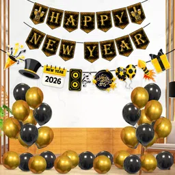 zyozique Black, Golden New Year Party Decorations Banner, Balloons,Character Banner (Pack Of 27) image 1