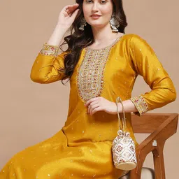 rare thread Women Embellished, Embroidered Silk Blend A-line Kurta image 3