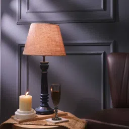 the decor mart Gothic E27 Holder Wooden Base Table Lamp (Blue Base) with Fabric Shade (Beige) image 1