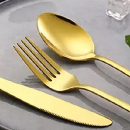 arscart stainless golden combo spoon & fork Stainless Steel Dessert Spoon, Salad Spoon Set image 2