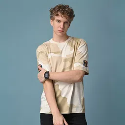 killer Men Printed Round Neck Pure Cotton Beige T-Shirt image 1