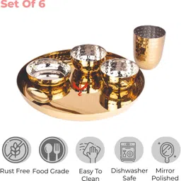 yuiop Pack of 6 Gold Plated Royal Hammer Gold Dinner Set With 1 Thali, 1 Dish, 2 Bowls, 1 Spoon & 1 Glass Dinner Set image 4