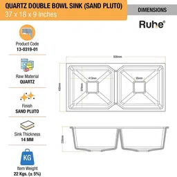 ruhe Quartz Double Bowl 37x18x9 inches Kitchen Sink| Sand Pluto Matte Finish Natural Sand Pluto Granite Stone Matt Finish Vessel Double Bowl Sink Vessel Sink image 2