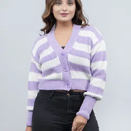 Women Striped V Neck Purple Sweater-image-20
