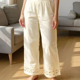 Women Relaxed Cream Pure Cotton Trousers-image-5