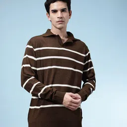 glitchez Men Striped Collared Neck Brown Sweater image 3
