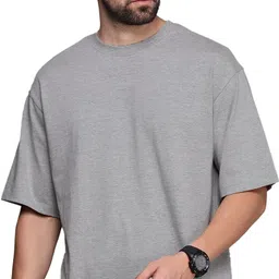 Men Solid Round Neck Cotton Blend Grey T-Shirt-image-6