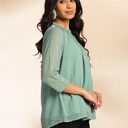 janasya Casual Regular Sleeves Self Design Women Green Top image 5