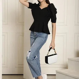 tromko Casual Puff Sleeves Solid Women Black Top image 5