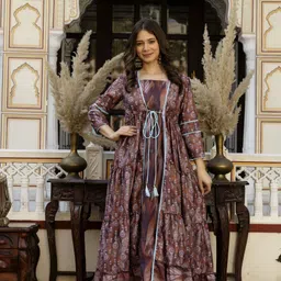here&now Floral Print Polyester Stitched Anarkali Gown image 4