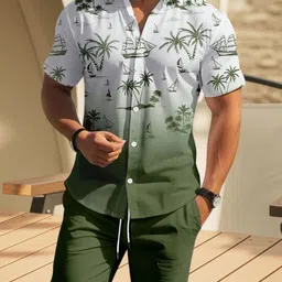 blueberrywear Men Top & Shorts Set Green Printed image 3