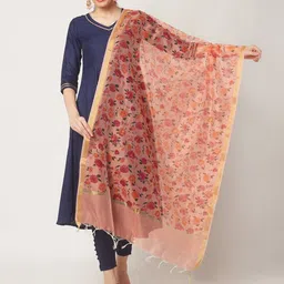 dupatta bazaar Silk Blend Floral Print Peach Women Dupatta-picture-12