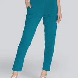 lyra Women Slim Fit Blue Cotton Blend Trousers-picture-15