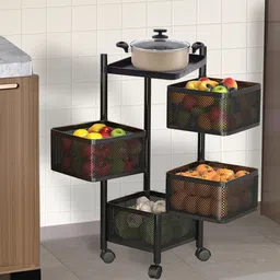 homestic Pack of 2 Revolving 4-Layer Multipurpose Storage Rack with Wheels | Black Iron Kitchen Trolley image 2