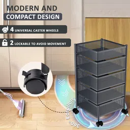 kuber industries 4+1 Layer Kitchen Storage Rack with Wheels | Square Shape - Dark Grey Iron Kitchen Trolley image 5