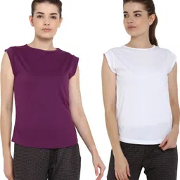 ap'pulse Pack of 2 Women Solid Round Neck Pure Cotton Purple, White T-Shirt image 1