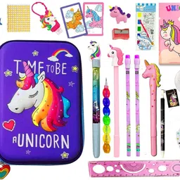Combo-19 Pcs Unicorn Theme 3D Big Pouch for Girls with Large Capacity Big Pouch with All School Stationery for Birthday Party Favor Return Gift Set for kids Art Artificial Leather Pencil Box-image-2