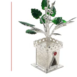 sahiba gems Solid Chandi / Silver Tulsi Small Plant for Home/Office for Pooja (18 Grams) Decorative Showpiece-7 cm image 2