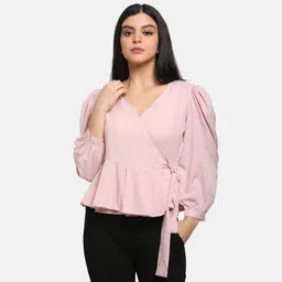 pretty loving thing Casual Puff Sleeves Solid Women Pink Top-picture-10