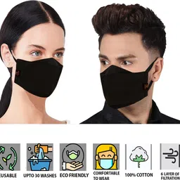 CENWELL 100 % BLACK Cotton 3D Face Mask Reusable Washable Breathable Designer Skin Friendly N95 Soft Cotton Fabric Face Mask with Adjustable Ear loops & Ear Saver Strap (Anti Pollution Mask, Anti Viral Mask, Anti Bacterial Mask) COOL BLACK Water Resistant, Reusable, Washable Cloth Mask With Melt Blown Fabric Layer image 5