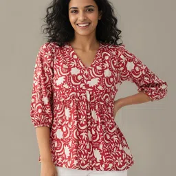 dream beauty fashion Casual Balloon Sleeve Floral Print Women Red Top-picture-29