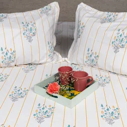 URBAN SPACE Serene White & Yellow Printed Cotton 200 TC King Bedsheet with 2 Pillow Covers image 5