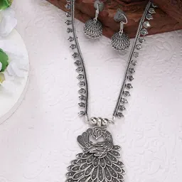 Sangria Peacock Design Oxidized Necklace With Jhumka Earrings-image-8