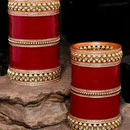 LUCKY JEWELLERY Maroon Gold-Plated Kundan-Studded Chuda Bangle Set-picture-15