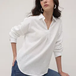 The Roadster Lifestyle Co. Solid Linen Shirt Style Longline Top-picture-39