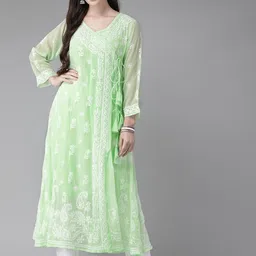 ADA Green & White Chikankari Hand Embroidered Sustainable Angrakha A-Line Handloom Kurta with Inner-picture-16