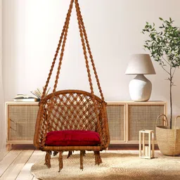Patiofy Brown & Red Cotton D-Shaped Comfortable Hammock Swing Chair With Cushion-image-32