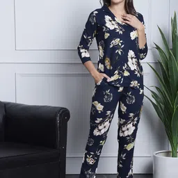 Claura Women Navy Blue & Beige Floral Printed Pure Cotton Night suit-picture-21