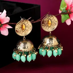 Yellow Chimes Gold-Plated Green Contemporary Jhumkas Earrings-picture-40