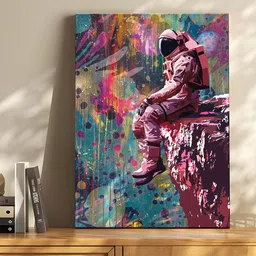 Art Street Pink & Blue 1 Piece Canvas Space Astronaut Sitting Graffiti Wall Art-image-89