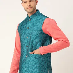 Sojanya Men Turquoise Blue Jacquard Silk Self Design Nehru Jacket image 2