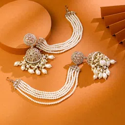 Yellow Chimes Gold-Plated Pearl Contemporary Jhumkas Earrings With Ear Chain image 5