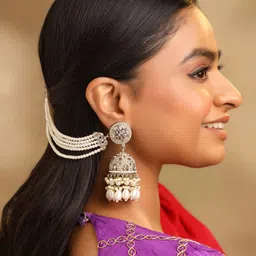 Yellow Chimes Gold-Plated Pearl Contemporary Jhumkas Earrings With Ear Chain image 4