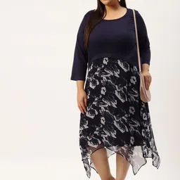theRebelinme Plus Size Navy Blue & White Floral Printed Georgette A-Line Midi Dress image 2